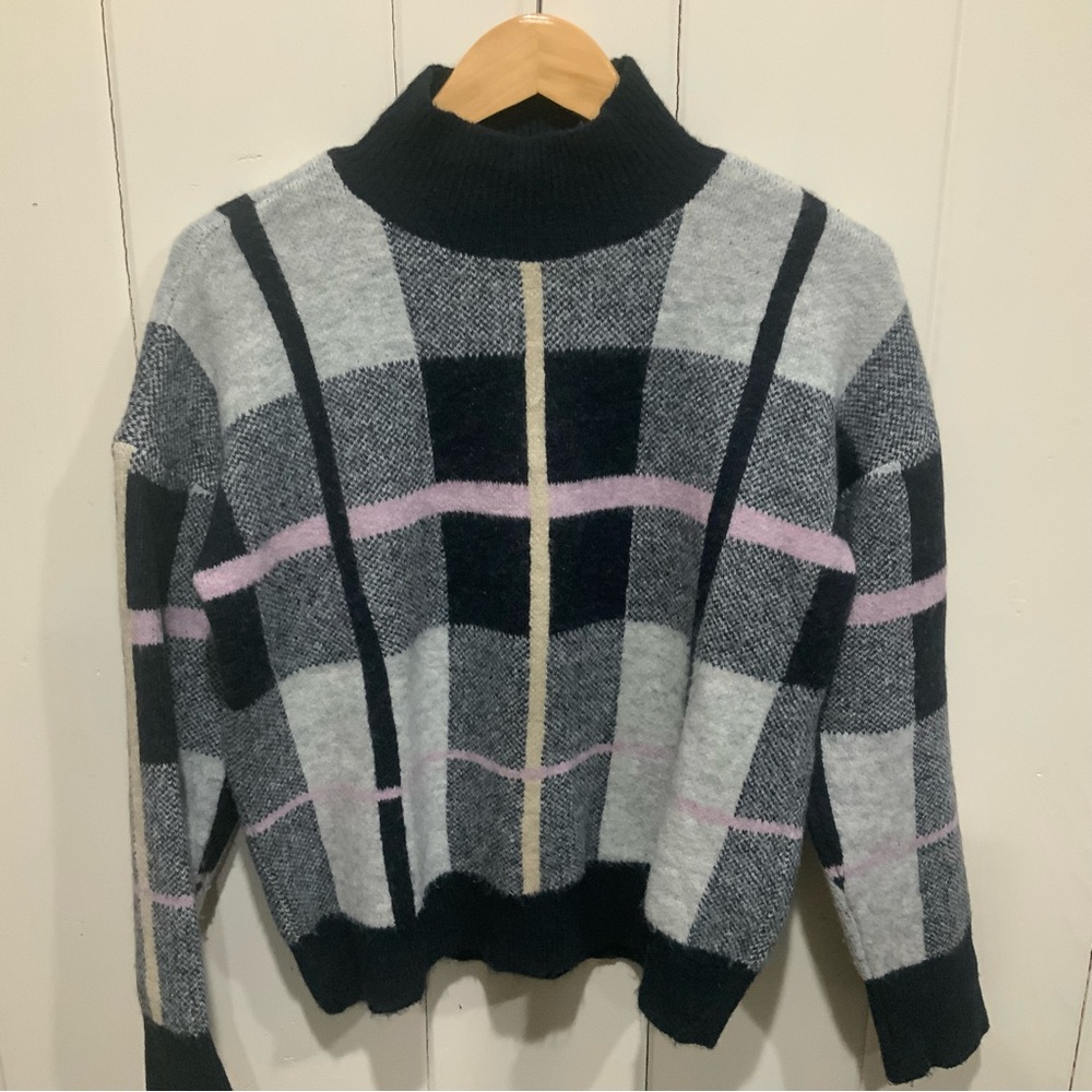 Marled Reunited Clothing, Navy-Black-Gray Plaid Knit Sweater Mock Neck, Size M